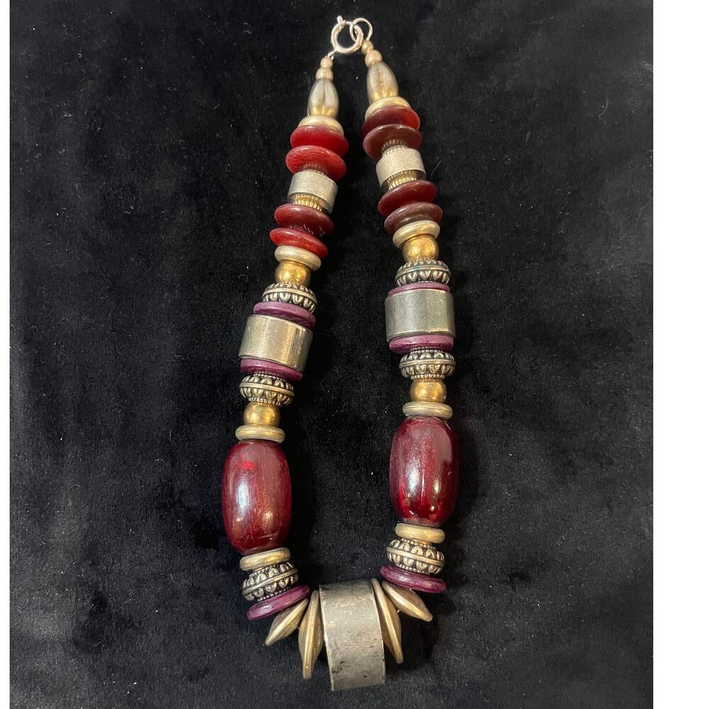 Vintage Red Wood and Metal Beaded Tribal-Style Choker Necklace